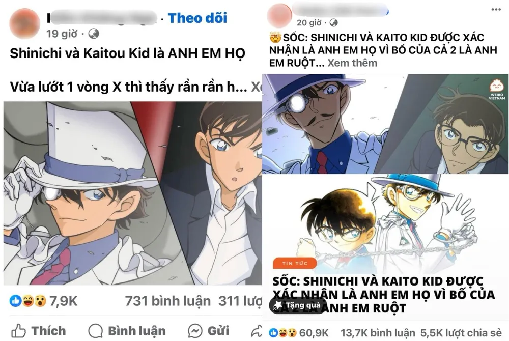 Các bài viết công bố tình tiết Conan và Kaito Kid là anh em ruột thu hút hàng ngàn lượt tương tác và bình luận trên Facebook. Ảnh chụp màn hình Conan và Kito là anh em ruổ.jpg