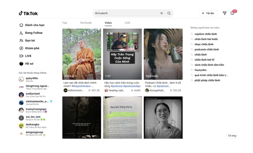Hàng loạt các video về “chữa lành” kèm hashtag trên nền tảng Tiktok. Ảnh: Chụp màn hình Gen Z chữa lành