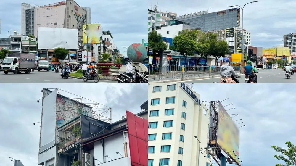Nhiều bảng quảng cáo trên địa bàn TP.HCM đang trong tình trạng gỉ sét và được hàn vô tường nhà dân bằng những thanh sắt, nếu có giông lốc sẽ rất nguy hiểm vì nguy cơ đổ ngã rất cao. Ảnh: TRẦN MINH bảng quảng cáo