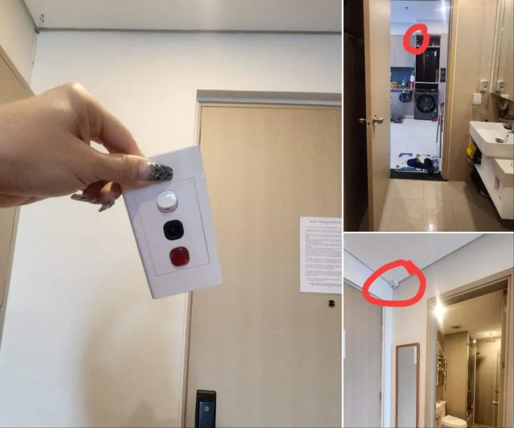 Camera giấu kín được chủ tài khoản cho rằng quay thẳng vào nhà vệ sinh và camera ngụy trang bằng ổ điện. Ảnh: Facebook L.L chủ cơ sở lưu trú có được gắn camera theo dõi khách, the sóng