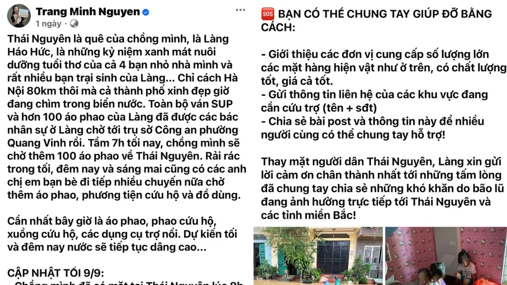 Tài khoản Facebook Trang Minh Nguyen kêu gọi CĐM quyên góp những mặt hàng thiết yếu như: Áo phao, phao cứu hộ, xuồng cứu hộ, các dụng cụ trợ nổi,... z5820153976437_dc542ae5a82fb41b97bff4b5ac95d45d.jpg