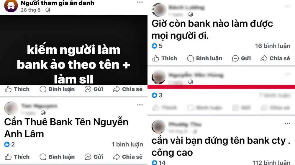 Hoạt động mua, bán tài khoản ngân hàng trên mạng xã hội tràn lan với đủ các thể loại dịch vụ và giá tiền khác nhau. Ảnh: Tổng hợp mua bán tài khoản ngân hàng