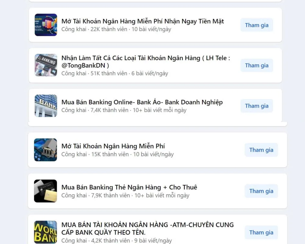 Trên mạng xã hội, tràn lan các nhóm "mua bán tài khoản ngân hàng" hoạt động công khai. Ảnh: Tổng hợp mua bán tài khoản ngân hàng trên mạng xã hội