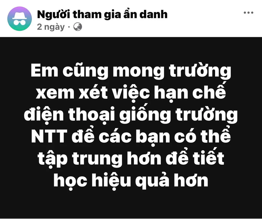 Trang Confessions một trường THPT tại TP.HCM ủng hộ việc hạn chế dùng điện thoại. Ảnh: Chụp màn hình Cấm học sinh dùng điện thoại trong trường plo