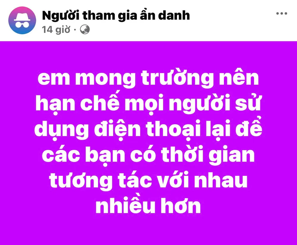Trang Confessions một trường THPT tại TP.HCM thể hiện mong muốn việc hạn chế dùng điện thoại. Ảnh: Chụp màn hình z5869122864396_e5a651c885d2dbc24191bf5d355ec99c.jpg