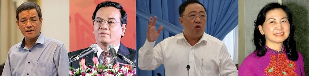 Từ trái qua: Cựu chủ tịch UBND tỉnh Đinh Quốc Thái, cựu bí thư Tỉnh ủy Trần Đình Thành, nguyên giám đốc Sở Y tế Phan Huy Anh Vũ và cựu giám đốc Sở KH&ĐT Bồ Ngọc Thu. Ảnh: VH Từ trái qua: Cựu chủ tịch UBND tỉnh Đinh Quốc Thái, cựu bí thư Tỉnh ủy Trần Đình Thành, nguyên giám đốc Sở Y tế Phan Huy Anh Vũ và cựu giám đốc Sở KH&ĐT Bồ Ngọc Thu. Ảnh: VH