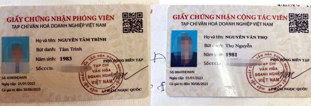 Hai giấy chứng nhận phóng viên và cộng tác viên khi khám xét trên người hai nghi can.