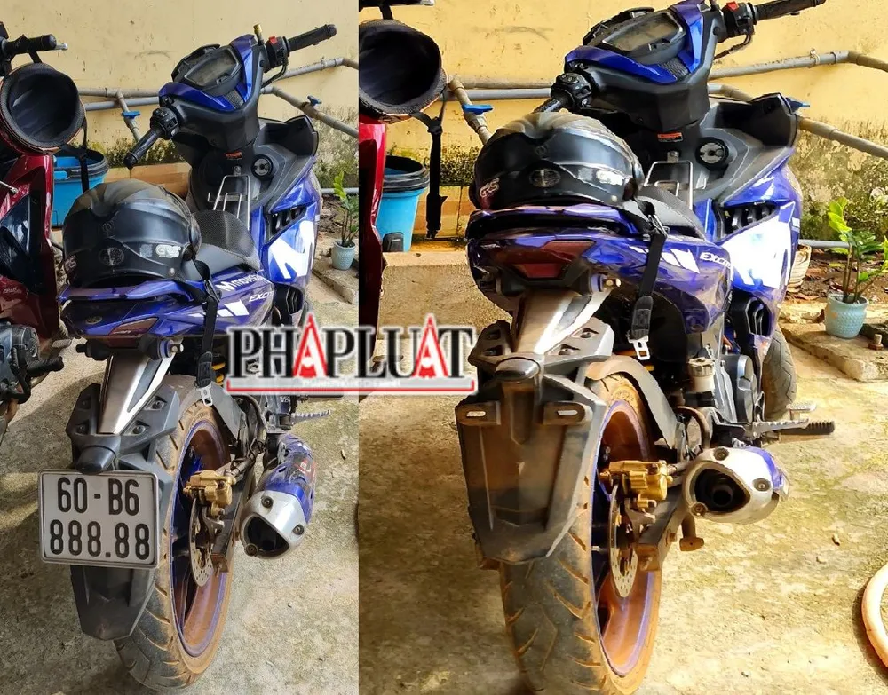 Xe máy Exciter của công an viên xã Sông Nhạn gắn biển mang biển số 60B6-888.88 trùng biển số với chiếc xe máy khác. Sau khi bị phóng viên phát hiện đã tháo biển số xe. Ảnh: VH. Xe máy Exciter của công an viên xã Sông Nhạn gắn biển mang biển số 60B6-888.88 trùng biển số với chiếc xe máy khác. Sau khi bị phóng viên phát hiện đã tháo biển số xe. Ảnh: VH.