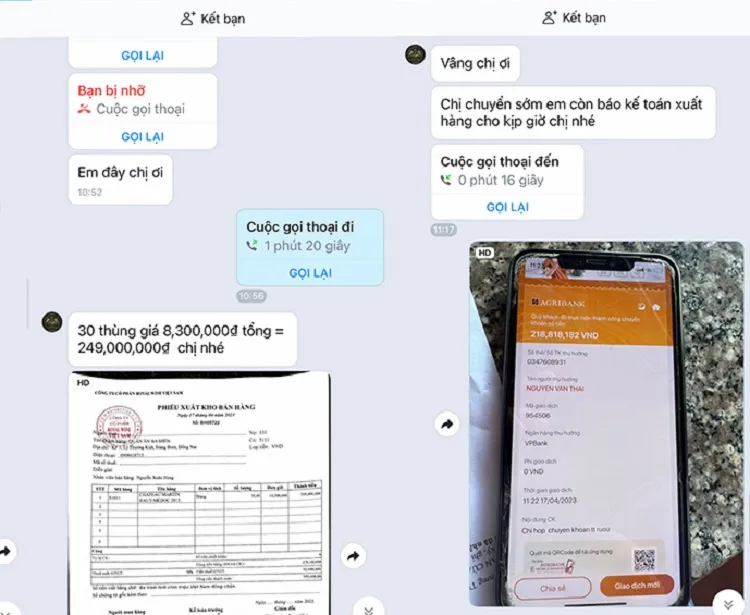 Tin nhắn nhóm lừa đảo liên hệ với chủ quán ăn. Ảnh: CTV.