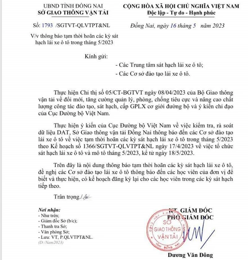 Sở GTVT tỉnh Đồng Nai ra thông báo tạm hoãn các kỳ thi sát hạch lái xe ô tô.