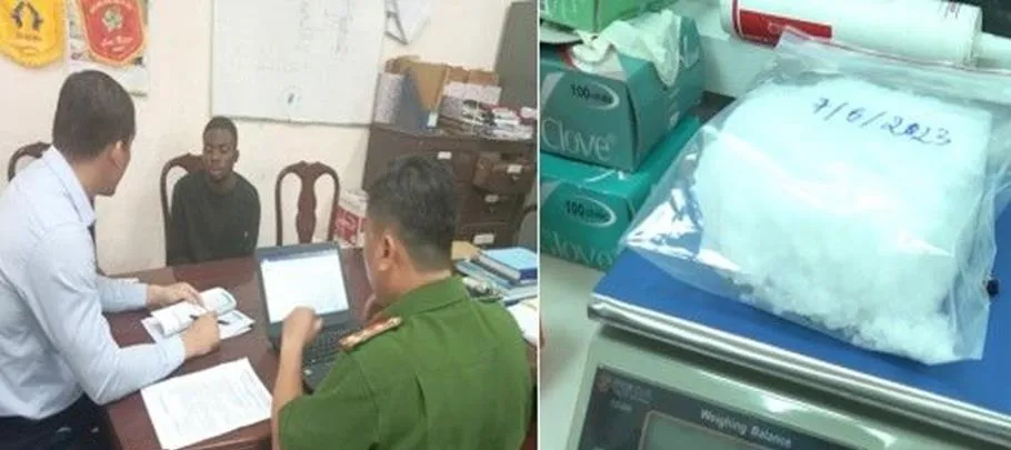 Công an làm việc với bị can và tang vật gần 1kg ma túy đá. Ảnh: CAĐN. Công an làm việc với bị can và tang vật gần 1kg ma túy đá. Ảnh: CAĐN.