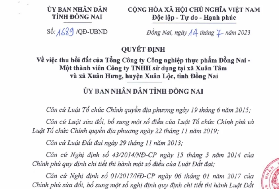 Quyết định của UBND tỉnh Đồng Nai về việc thu hồi diện tích hơn 540ha đất trong dự án của Dofico.