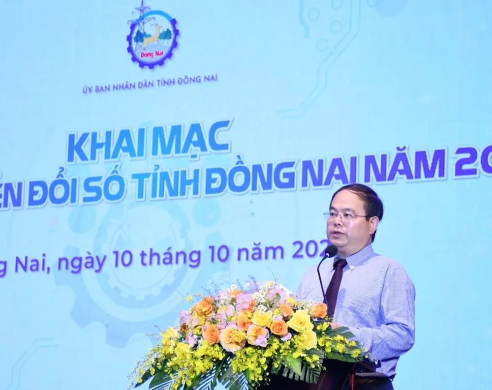 Phó bí thư Tỉnh ủy, Trưởng đoàn Đại biểu Quốc hội tỉnh Quản Minh Cường phát biểu tại buổi Lễ. Ảnh. NT. Screenshot_20231010-223603_Zalo.jpg