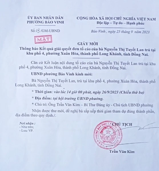 Giấy mời dân đến làm việc, UBND phường ở Đồng Nai cũng đóng dấu MẬT