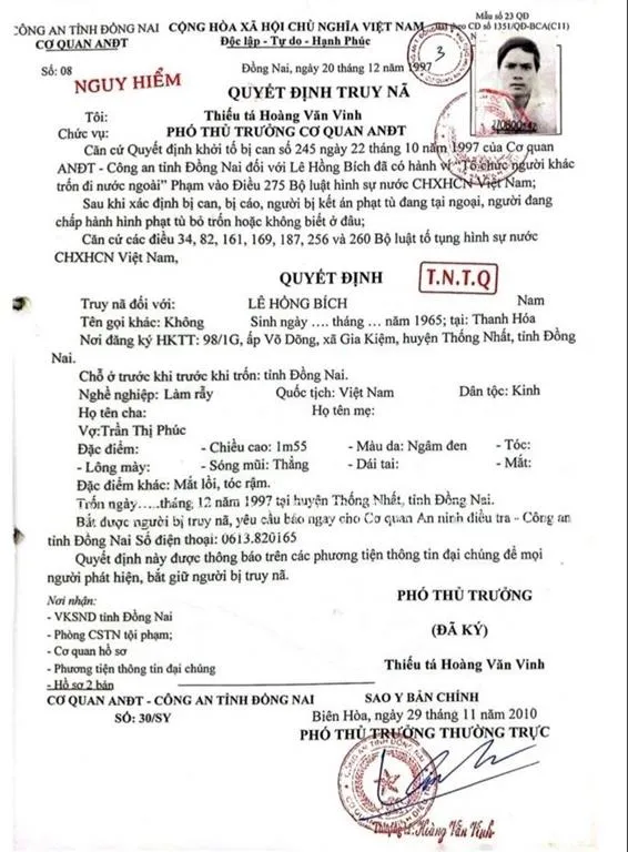 Năm 1997, công an tỉnh Đồng Nai ra quyết định truy nã đối với Lê Hồng Bích. truy nã .jpeg