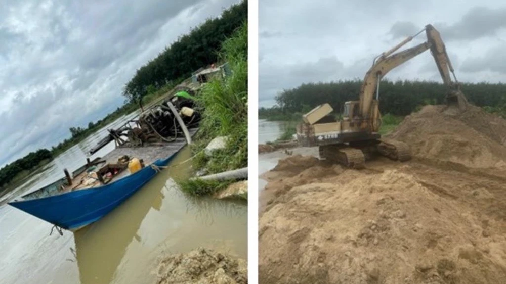 Phương tiện, tang vật công an bắt giữ trong vụ hút cát lậu dưới sông La Ngà (đoạn qua xã Phú Thanh, huyện Tân Phú) vào tháng 9-2023. Ảnh: CA Khai thác cát.jpeg