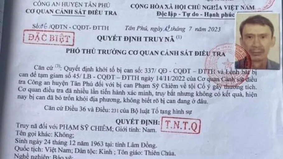 Quyết định truy nã của Công an huyện Tân Phú. Ảnh: CAĐN. Trinh sát Đồng Nai xuống Long An bắt bị can truy nã đặc biệt
