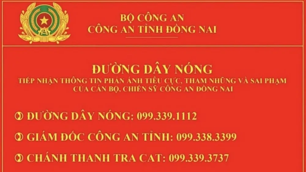 Số điện thoại đường dây nóng Công an tỉnh Đồng Nai. Ảnh: CA. giám đốc công an.jpeg