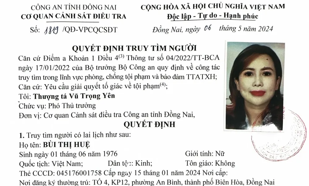 Quyết định truy tìm của cơ quan CSĐT công an tỉnh Đồng Nai. việt kiều mỹ.jpg