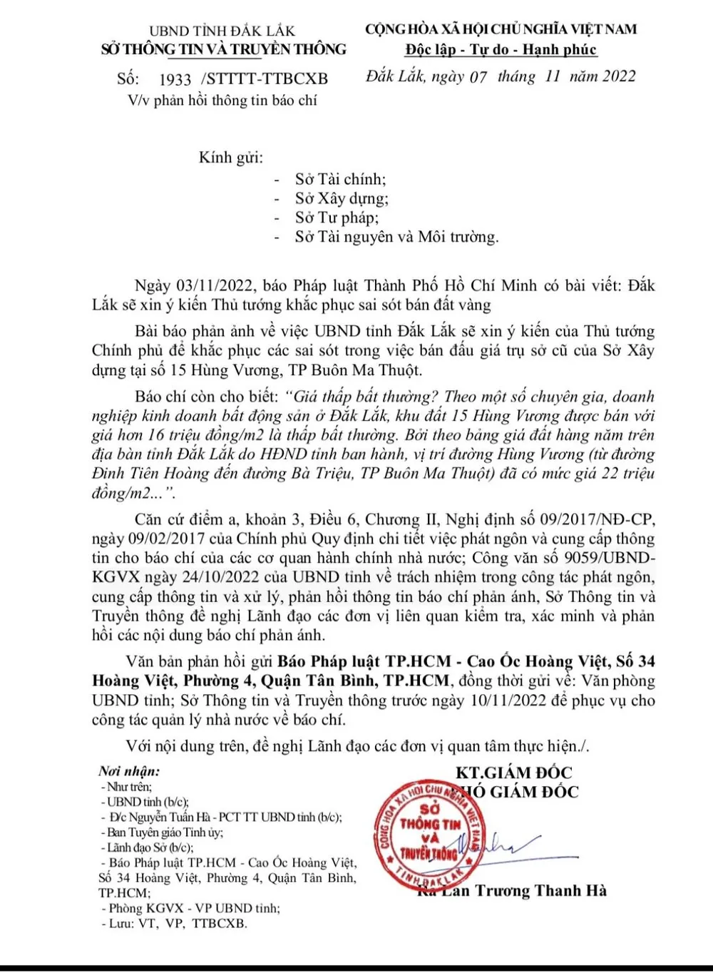 Văn bản phản hồi của Sở TT&amp;TT tỉnh Đắk Lắk
