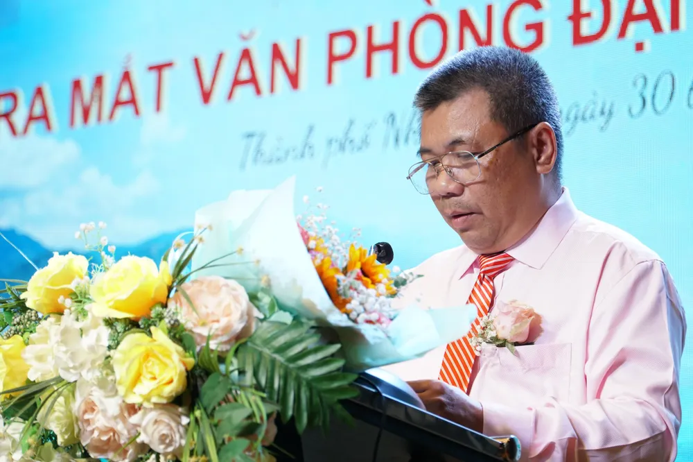 Nhà báo Lê Tấn Lộc, Trưởng VPĐD báo Pháp Luật TP.HCM phát biểu nhận nhiệm vụ