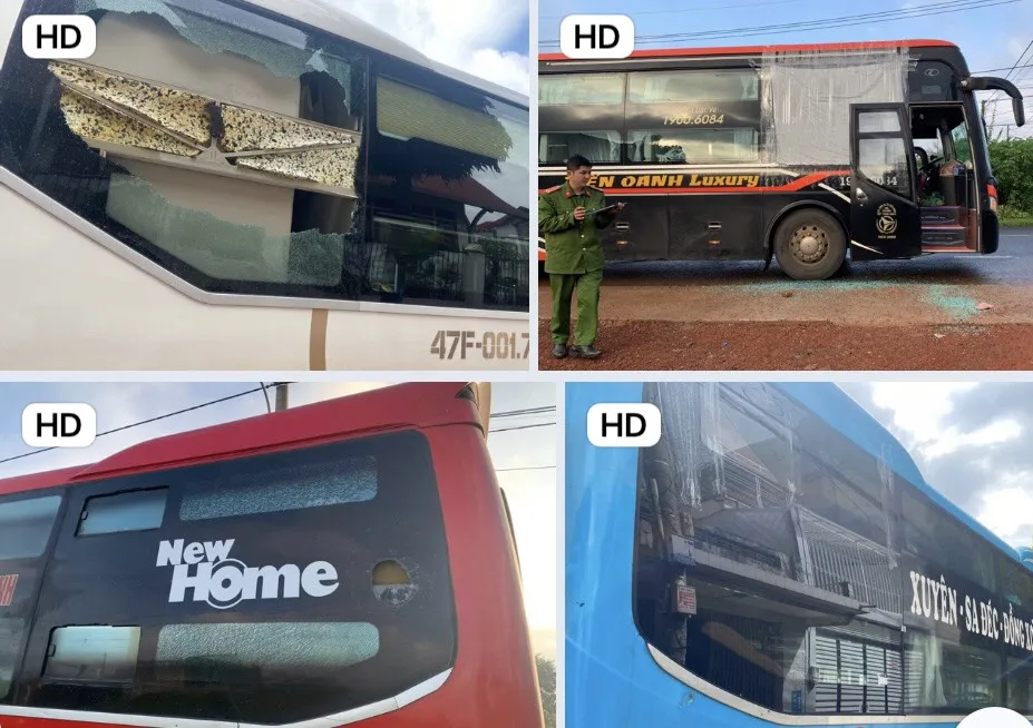 Xe khách bị ném vỡ kính. Ảnh: MQ Xe khách bị ném vỡ kính. Ảnh: MQ