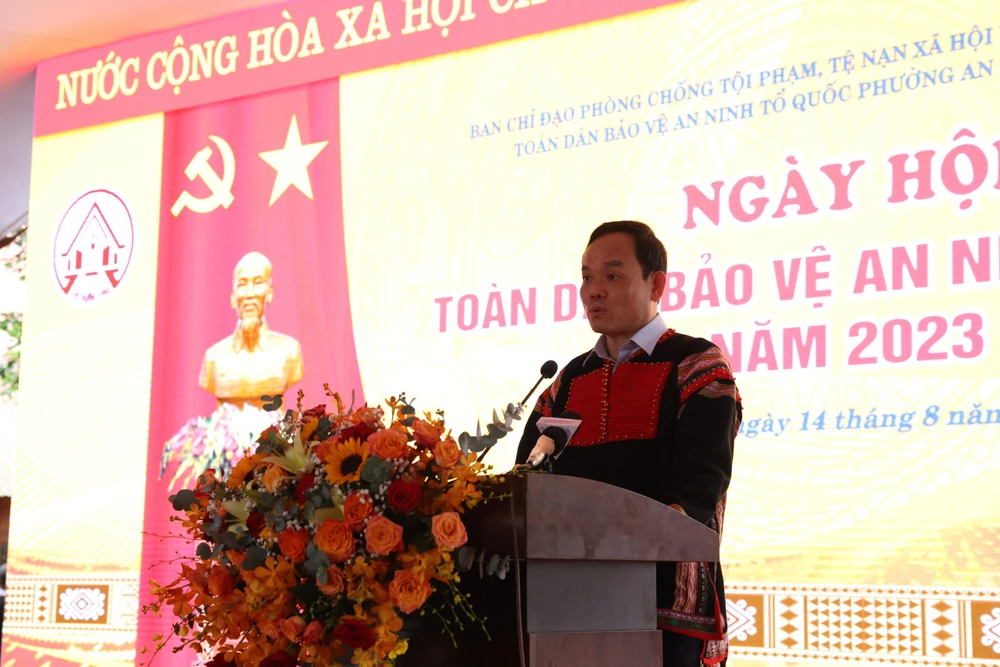 Phó thủ tướng Trần Lưu Quang phát biểu ngày hội toàn dân bảo vệ an ninh Tổ quốc năm 2023. Ảnh: TA