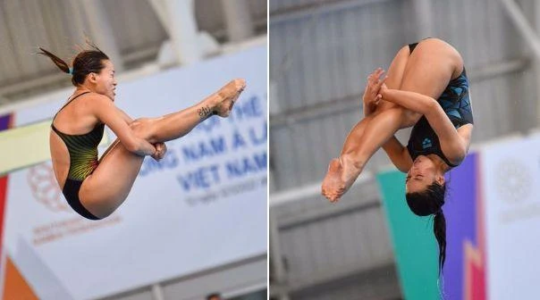 Bộ đôi về nhất của nội dung này là Yang Yi-Ker Ying của Malaysia. Bộ đôi này mang về tấm HCV thứ tư cho nhảy cầu Malaysia. Wendy Ng vừa lấy tấm HCV thứ năm nhảy cầu cho Malaysia ở SEA Games 31. Ảnh: CTP