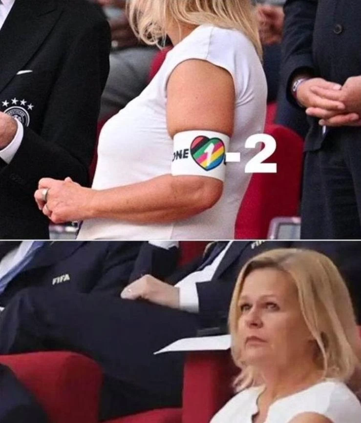 Nữ Bộ trưởng Bộ Nội vụ Đức, bà Nancy Faeser đeo băng ngũ sắc cầu vồng "Một tình yêu" xem trận Đức - Nhật. Ảnh: Getty