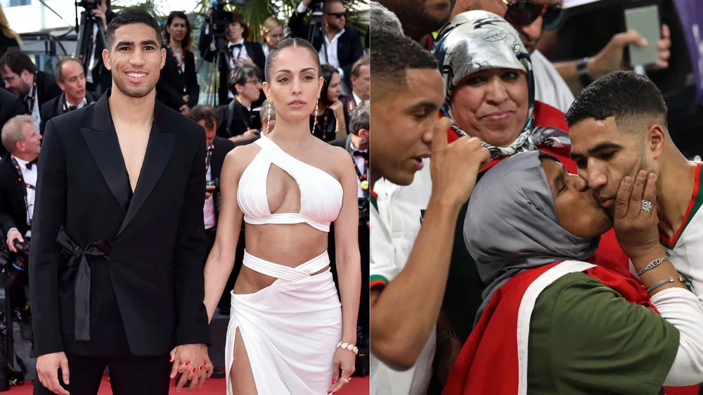 Mẹ của Hakimi hôn con trai tại World Cup 2022. Cô vợ Abouk của Hakimi....có vẻ không ngờ đức ông chồng &quot;phòng ngự&quot; sắc bén. Ảnh: Getty