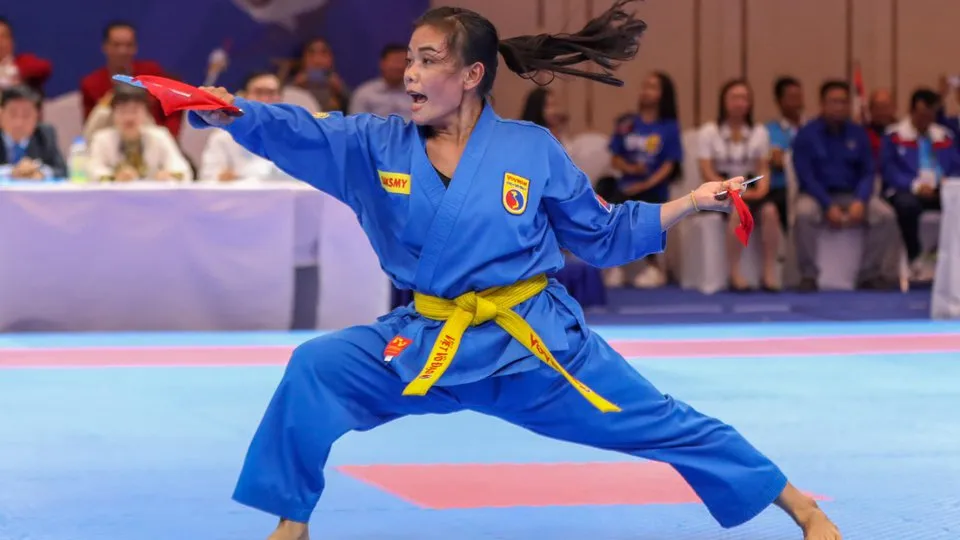 Pal Chhor Raksmey mang về sáu huy chương, trong đó chủ yếu ở nội dung đối kháng và quyền, biểu diễn của Việt Võ đạo tại SEA Games 32. Ảnh: CTP