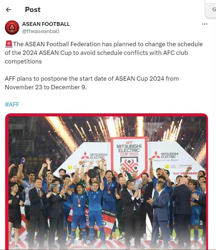 Trang xã hội của AFF đã đánh tiếng tổ chức này lên kế hoạch lùi giải AFF Cup 2024 nhưng LĐBĐ quốc gia thành viên thì chưa có thông tin chính thức. AFF-Cup 2024- lui-ngay.jpg