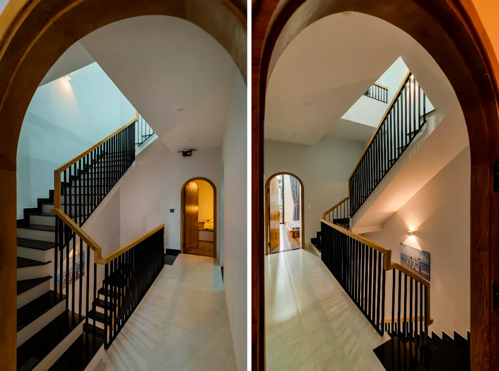 Cầu thang được bố trí giữa nhà, kết nối không gian các tầng; không gian riêng tư với không gian chung.