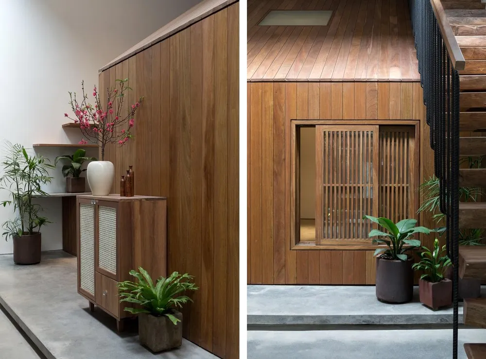 Không gian sinh hoạt được được bố trí chủ yếu ở khối nhà tầng còn căn nhà gỗ nằm trong không gian phòng khách.