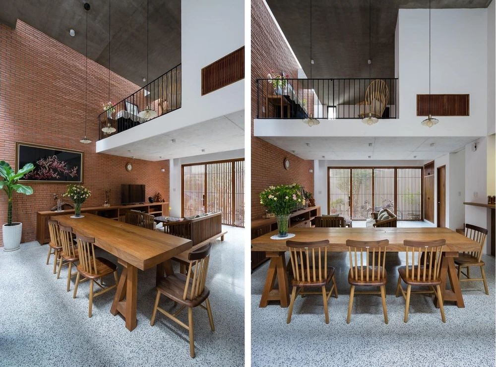 Tầng trệt của NDC house là phòng khách, bếp và bàn ăn lớn.