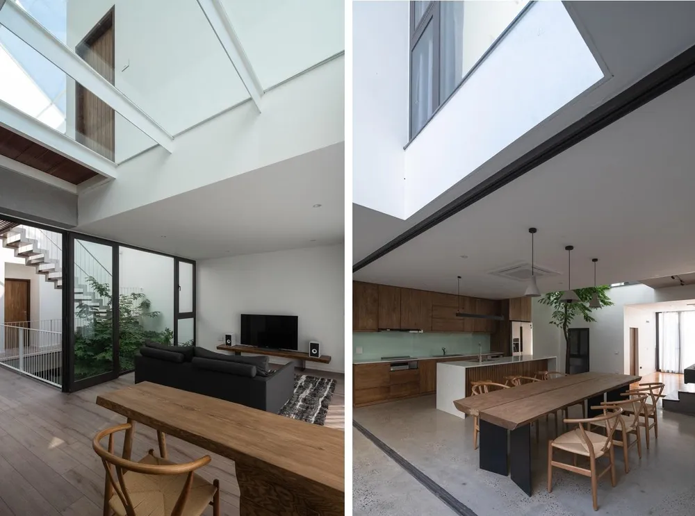 Mặt sàn gian bếp được xây cao hơn các không gian còn lại.