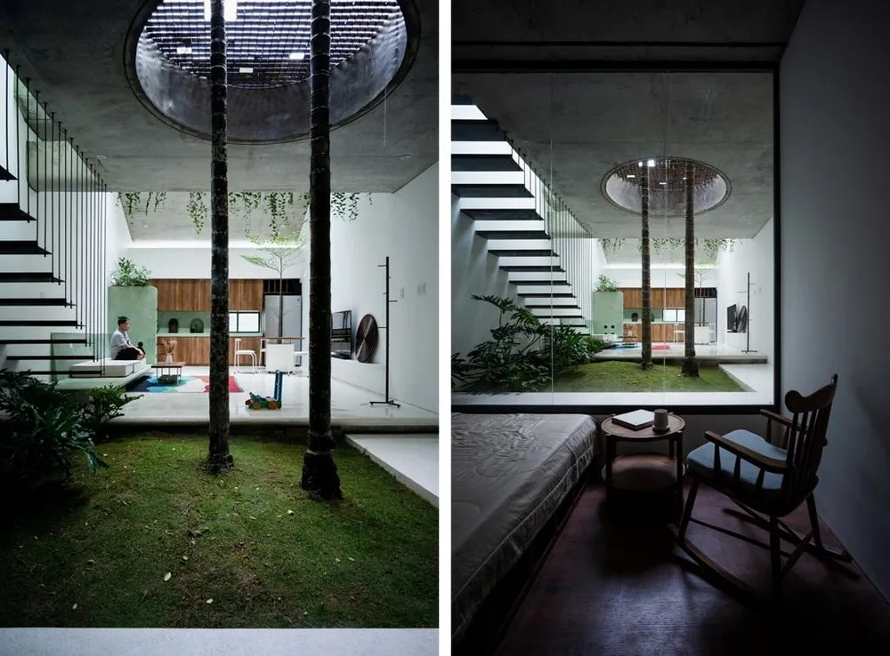 Cách thiết kế mặt tiền như trên giúp hạn chế tối đa tầm nhìn và ánh nắng hướng tây bên ngoài ngoài tác động, dành mọi sự tập trung cho không gian sống bên trong.