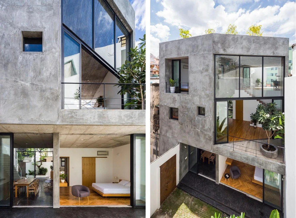 Năm phòng ngủ được xếp chồng thành hình zic zac, phần còn lại trở thành một khoảng trống liên tục.