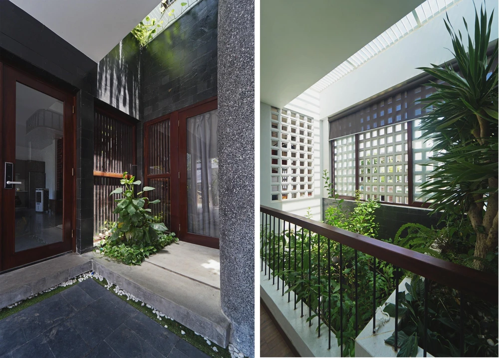 Vật liệu đá Slate màu đen và gạch thô màu đỏ tạo nên sự sáng tác và cân bằng về màu sắc.