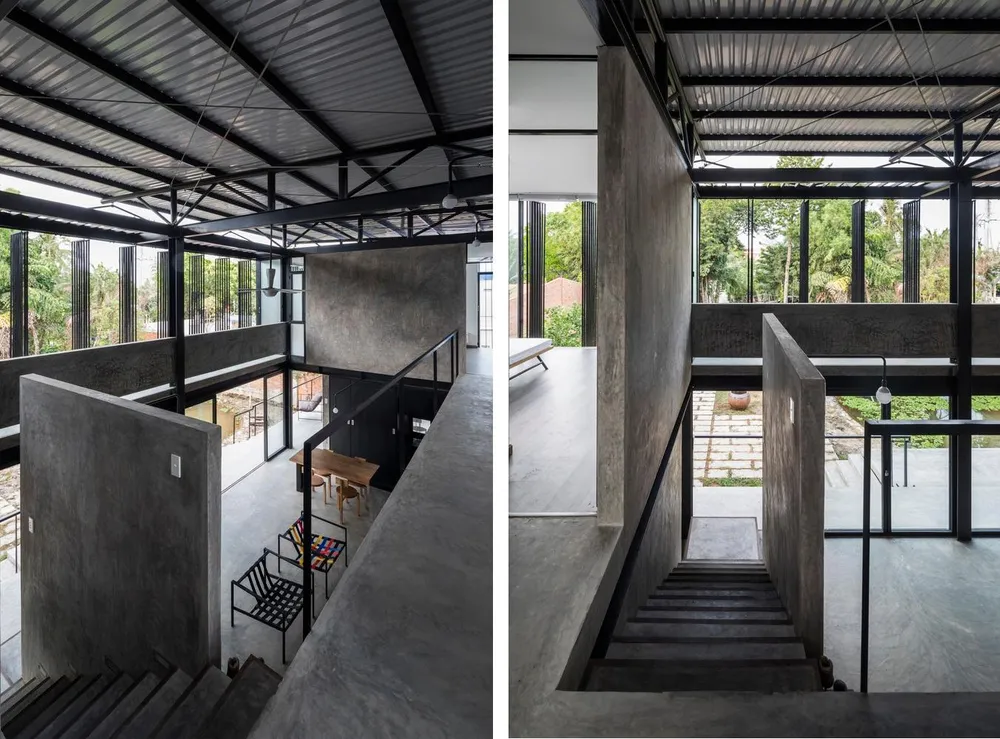 Khoảng thông tầng lớn trong không gian bên trong kết nối với các không gian khác trong nhà và hướng ra thiên nhiên ngoài trời. Khoảng thông tầng lớn trong không gian bên trong kết nối với các không gian khác trong nhà và hướng ra thiên nhiên ngoài trời.