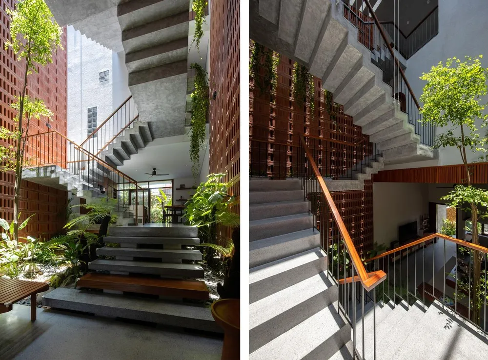 Không gian lệch tầng kết hợp với cầu thang ngược tạo nên những giếng trời lớn nhỏ.