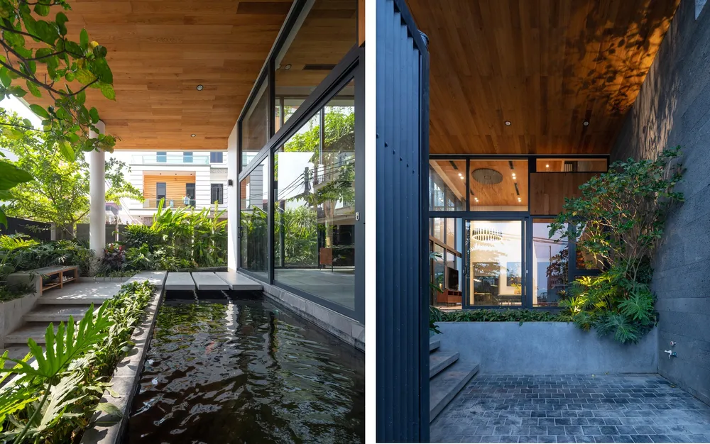 Với màu xám đặc trưng của vật liệu đá kết hợp với các mảng xanh, mặt nước được kiến trúc sư bố trí hài hòa.