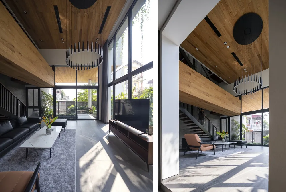 Các mặt trần và hành lang sử dụng vật liệu gỗ tự nhiên.