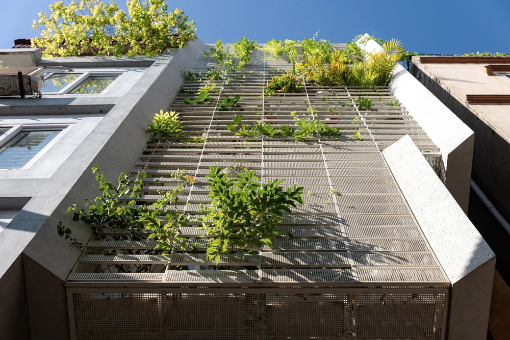 Kiến trúc sư A4 Architects thiết kế nhà có không gian sinh hoạt chung khá rộng dành cho đại gia đình vào những dịp lễ tết. Toàn bộ cây xanh ở các tầng trên được sử dụng làm lớp vỏ ngoài của ngôi nhà.