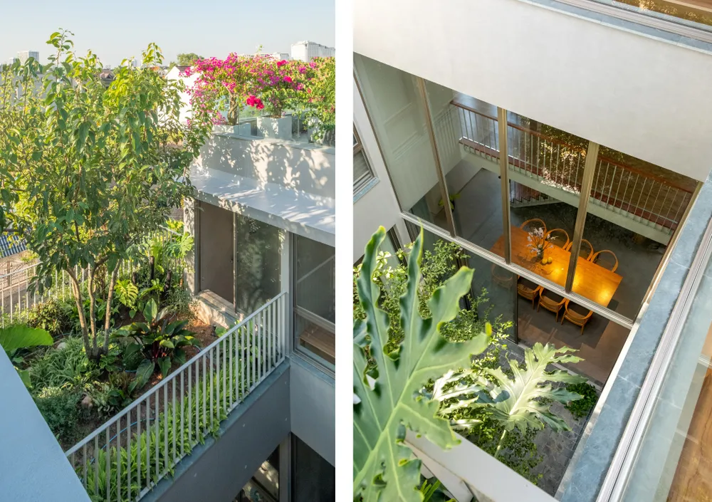 Tường ngoài bằng gạch sơn nước xi măng, kết hợp với bồn cây và trần bê tông tạo cảm giác mộc mạc.