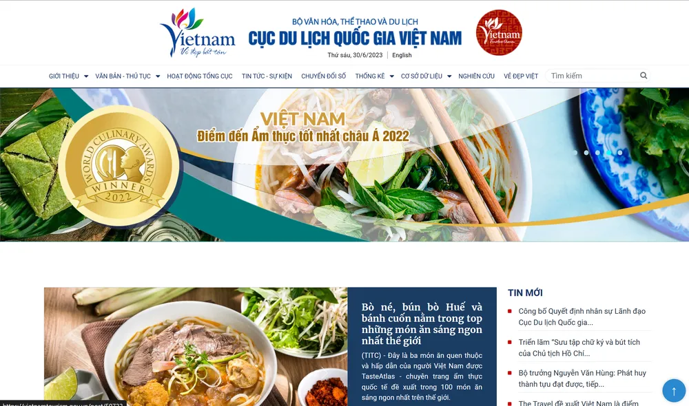 Giao diện website mới của Cục Du lịch Quốc gia Việt Nam.