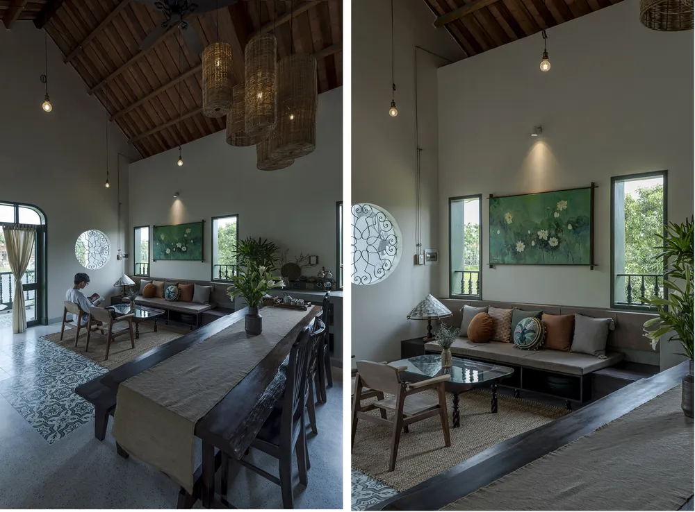 Vật liệu thủ công được ứng dụng cho công trình khá nhiều như đá mài, gạch bông, gạch gốm nung thủ công, kết hợp với nội thất cũ được sửa chữa, tái sử dụng.