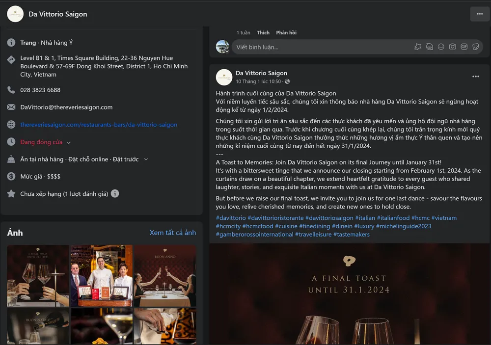 Thông báo trên fanpae của nhà hàng Da Vittorio Saigon. Ảnh chụp màn hình.