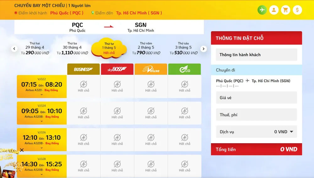 Chặng Phú Quốc - TP.HCM ngày 1-5 hết vé. Ảnh chụp màn hình ngày 24-4. may-bay-6.jpg