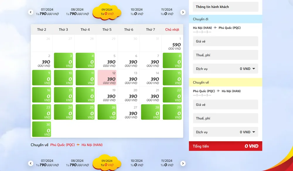 Giá vé máy bay 0 đồng chặng Hà Nội - Phú Quốc vào tháng 9-2024. Ảnh chụp màn hình ngày 13-5. Giá vé máy bay 0 đồng chặng Hà Nội - Phú Quốc vào tháng 9-2024. Ảnh chụp màn hình ngày 13-5.